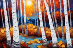 Aspen trees, moonlight, high definition, 4k, sharp edges, hidden animals, romantic-impressionism expressionist style oil painting,-impressionist impasto acrylic painting, thick layers of silver textured paint,ultra reality,bright colors,8k,thick white paint,silver and white,