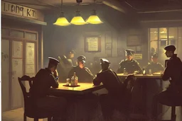 Smoky pub, cheerful young men drinking around a table, a policeman looking thoughtfully at the ID card of one of the boys, lamplight