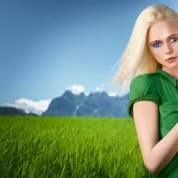 beautiful young blond Swiss girl standing in green field, mountain, sun, wearing blue shirt over, open arms, realistic eyes, blue eyes, unreal engine, photograph, realistic skin texture, photorealistic, hyper realism, highly detailed, 85mm portrait photography