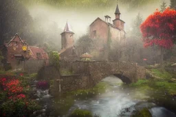 medieval village, ornate, beautiful, atmosphere, vibe, mist, smoke, chimney, rain, well, wet, pristine, puddles, red and yellow flowers, waterfall, melting, dripping, snow, creek, lush, ice, bridge, cart, orange, green, stained glass, forest, flowers, concept art illustration, color page, oil painting, trending on artstation