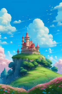 天空湛蓝，飘着朵朵白云，在云层中隐藏着一个漂浮的童话城堡。城堡是粉色的，闪烁着微小的星星，草地上长满了翠绿的草，有一颗大树挺拔而茂密，树冠下是一片清爽的草坪，上面散落着五颜六色的花朵。大树上有一只小松鼠，它正好奇地凝视着天空中的城堡。 一条清澈见底的小河蜿蜒流过，河水清澈透明。河中游弋着一只纯白的天鹅，它在水中留下优雅的波纹，仿佛在跟荷花玩耍。 河上有一座彩虹色的小桥，桥的两端有小石子修饰，桥上有一位穿着五彩斑斓裙子的小公主，她正在向对面走来。桥上还有一位小朋友手拉着手，一起欢快地往城堡方向走去。