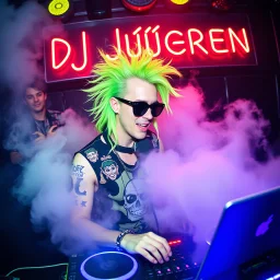 A DJ performing at dance club, his name DJ JüRGEN and looks crazy, crazy green hair with crazy outfit. Neon lights and smog, DJ JüRGEN SIGN ON WALL