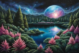lake on an alien world within the Orion Nebula, by night, the nebula gas clouds and stars visible in the sky, alien otherworldly plant like life forms unlike those of earth :: extremely detailed, intricate, photorealistic, beautiful, high detail, high definition, pencil sketch, deep color, watercolor, award winning, crisp quality
