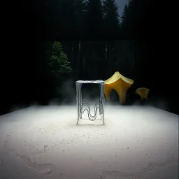 A photo of a closed environment in a dark closed space. In the background there is a forest. Più piani si intersecano. At the center, a structure made of plastic. Plants, clouds. Max Ernst. The surface below appears to be sandy, with small accumulations of sand, scorrere dell'infinito. Fog, powder. In the background, other forms or structures are visible, pastel colors, yellow. The photo was taken with a Hasselblad H6D 400c camera.