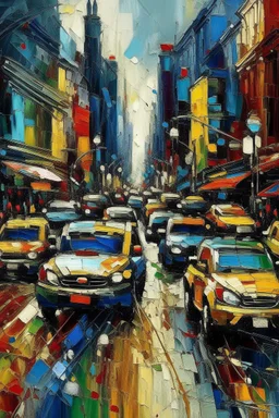 New York City street traffic jam in abstract expressionist painting in vivid colors, thick impasto brushstrokes, spontaneous drips and splatters, texture and movement, explore emotions and ideas through non-representational forms --v 5.2