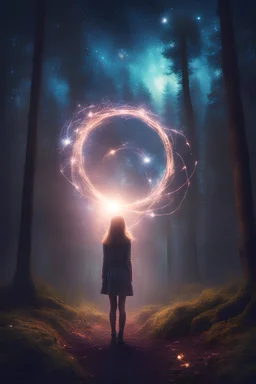girl in the forest, sparks around her, galaxy on background,