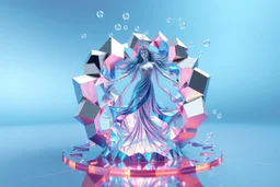 very complex 3d structure ,pretty viberating blue tema color environment 3d metalic and crystal recursive evolving and animating beveled geometric base very complex CIFY structure emiting bubbles that broke, goddess of love in a pretty modern dress comes out dancing fast hip hop, viberating color moving very in modern city escap environment while camera tracking it.write in down screen 3d animating"Made in Qwen By:J.Babakan"