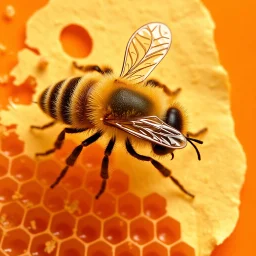 a bee with 6 legs, scattered parchment, honeycomb, orange background