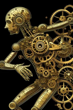 mechanical man dancing detailed cogs and screws leonardo da vinci style detail STYLE OF Hiroshi Nagai