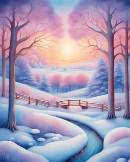 Detailed watercolor painting, impressionism painting style, by Jeremiah Ketner, vibrant colors, Masterpiece, best quality, watercolor painting style, adorable watercolor painting, beautiful, high quality, 8k, high detailed, colorful, painting of a winter morning with snow and trees, sunrise, Snowfall, beautiful painting, amazing, very beautiful painting