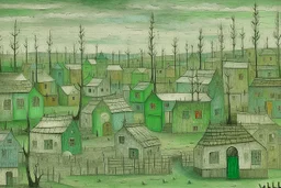 A light palish green abandoned moldy village designed in Scandinavian folk art painted by Paul Klee