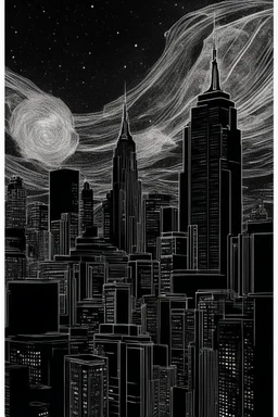 New York City buildings at night in Abstract Fluid, Galaxy nebula thin line draw style