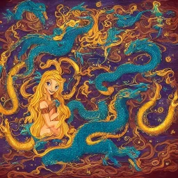 A smiling witch with a beautiful face and full and detailed details performing magic of water, fire, wind and earth with a wooden and crystal wand shining in various colors with a background of large and beautiful dragons flying in an azure sky with A background of a large snake with many heads, in full detail