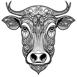 cow front face view, minimal lines, cartoon, mandala, white back ground color, real style, realistic, minimalistic, minimal black line art, line art, crisp line art, unique coloring sheet, outlined, outline, crisp, crisp line edges, illustration, thin lines, crisp clear lines, line art, clean line art, unique, 8k, amazing, masterpiece, no colors, no dark color, no black color, avoid thick black, minimalistic line edges, pure white back ground, image character full fit to page,