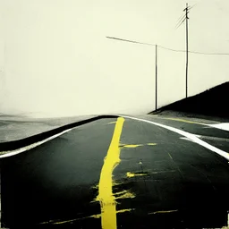 Minimal abstract oil paintings desolate 1960s carpark concrete fragments style of Justin Mortimer and Francis Bacon. Yellow road markings.