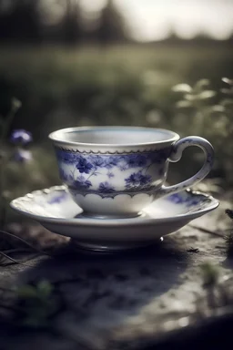 Create an image of a teacup and saucer in a serene setting, highlighting the delicate details that represent introversion and solitude.