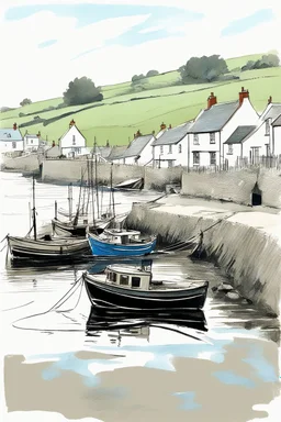 Fine line Sketch of English fishing village in style of john singer sargent