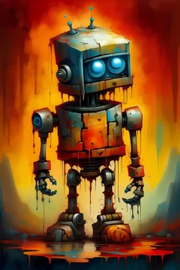 vulcano crying tall robot stained old oilpainting background