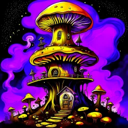 A fantabulous black, yellow, and purple (((mushroom tower house))) erected atop a (geologic pillar), surrounded by the uncanny imaginative ((( swirling skies))), offset by the stark hues of a (neon-tinged nebulous space scape), within. captured by the hand a skilled master painter with a focus on (softly blurred compositions and voluminous lighting).