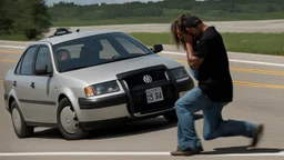 man and crying lady on side of the road in broken down jetta