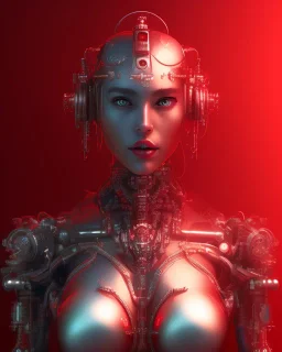 A beautiful portrait of a cyborg women red color scheme, high key lighting, volumetric light high details psychedelic background