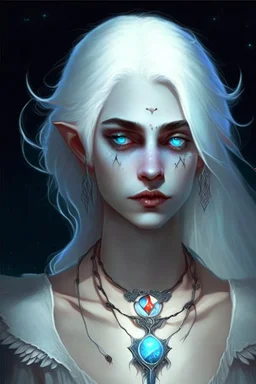 hauntingly beautiful character for dnd, young woman with white hair and blue eyes, angel, with moon necklace, vampire