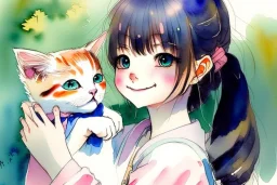 A cute smiling manga girl is holding a kitten. Watercolour