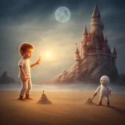 lonely ghost of a little boy playing with a castle of sand at an eerie beach close to a starfish and a bone