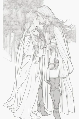 Couple from dnd kissing, woman with white hair wearing a dress, man with long black hair tunic and red cloak.