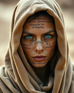 Dune Movie. fullbody woman deep blue eyes wearing a robe or cloth that covers her head and upper body. The cloth appears rough and has a texture similar to coarse woven cloth. The color of the cloth is light brown or cream with a pattern that is not very clear. The woman's face is tattooed with ancient messianic text script verses.