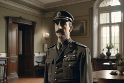 ww1 cop talking close-up standing up looking to the camera, ww1 mansion living room background