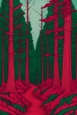 forest in red trees and dark green colors only, thin lines draw style