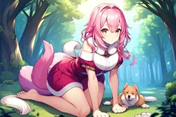 Forest, girl, pink hair, dog tail, sit on all fours, fur on foot and hand, paw