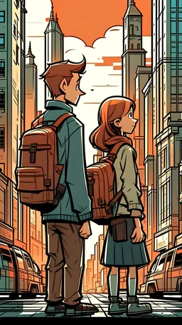 Sure, here is the English translation of your text: A boy and girl in a crowded city, wearing backpacks. The city is modern. There is a tall building in the city with the words "Hamro" written on it.