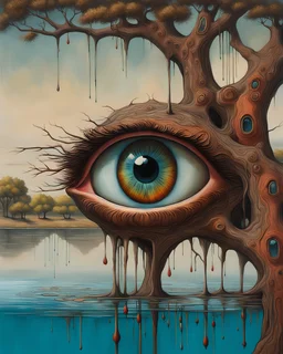 an eye in a tree near water, in the style of brian despain, dripping paint, expansive landscapes, highly detailed, surrealistic urban scenes, mars ravelo, mati klarwein --ar 127:128 --s 750 --v 5.2