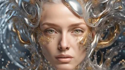 Waterfall, figure of a Woman, art from the "art of control" collection by Jasper Harvey, in the style of futuristic optics, silver and gold, flower, bird, detailed facial features, swirling vortices, 8k 3d, bizarre cyborgs, made of crystals, high detail, high resolution, 8K