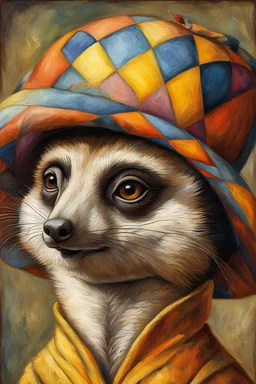 Imagine an anthropomorphic meerkat with a harlequin hat ,by Judith Leyster. in the style of August Macke, John Blanche. Modifiers: oil on canvas vibrant imperial colors hyperrealistic ultra detailed crisp quality whimsical muted colors Decadent 64K, UHD, HDR, HQ anthropomorphic face dark, gloomy, mysterious ©Miwi metallic bronze accents