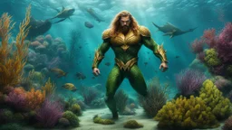 hyperrealistic 4k, sea from the movie aquaman, a lot of plants, and creature, sea animal, underwater