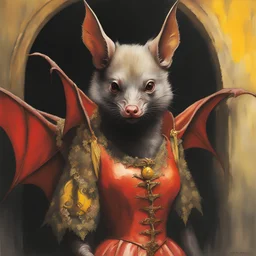 a Hideous, horrifying, frightening Snow White the vampire bat, wearing a red leather sling suit with a gold/yellow bat emblem on the waist, dark, multicolored watercolor stained wall in the background, oil painting in the art style of Frank Frazetta, 32k UHD, Hyper realistic, photorealistic, realistic, sharp, highly detailed, professional quality, beautiful, awesome, majestic, superb, trending on artstation