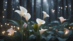 white calla lily in pastel colored rose forest, trees, flowers, fairy lights, night, 8k, high quality, trending art, trending on artstation, sharp focus, studio photo, intricate details, highly detailed, by greg rutkowski