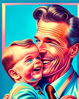 Papá feliz sonriente con su bebé mirándolo a los ojos felíz cuerpo completo colores contrastantes obra de arte arte retro impactante detallado hiperrealista 8k coherente