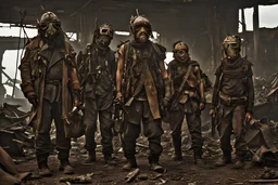 movie scene: in a post apocalyptic future: people search the remains of civilization for remnants of civilization, their clothes are made of garbage and are improvised. they wear improvised ((very detailed)) masks for protection. The costumes are very detailed and made of garbage, metal parts, scrap metal, belts, bags, car parts, spikes, They are armed and look very dangerous. all is broken, extremely used, burnt, dangerous and rusty. The mood is very gloomy, dystopian and depressive.