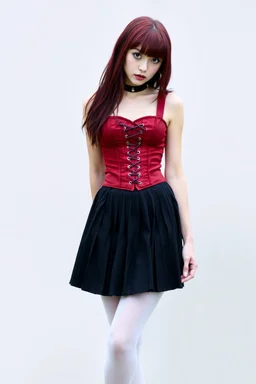 skinny goth woman in a short pleated skirt, white stockings, red corset, dark red hair with bangs