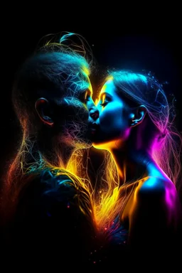 Ultra detailed illustration of a couple kissing, figure, ((ghostly)) (((translucent:1.5))), (((translucent creature:1.5))), art by Mschiffer, neon lights, light particles, colorful, cmyk colors, strong backlit, back lights