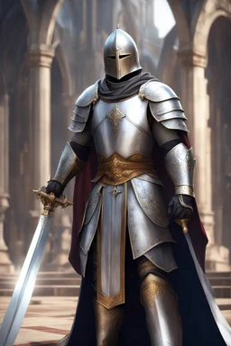 photorealistic holy knight paladin wearing a cape wielding a greatsword temple in the background