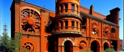 An orange colored ferro factory with gears painted by Frank Lloyd Wright
