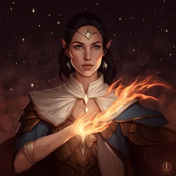 Generate a dungeons and dragons character portrait of a female elf with tan skin and dark hair, who is a cleric of the moon, recolor image in white, silver and slate blue with a starry celestial theme, make flame white