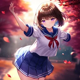 Clear focus,High resolution, one girls, Short brown hair, Purple eyes, Wearing a sailor uniform dancing with blurry sakura leafs falling down