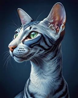 Portrait of Oriental shorthair blue and white mackerl tabby cat with green eyes, white face, hyperdetailed, In the art style of Jean-Antoine Watteau, Nicholas Roerich, Studio Light.