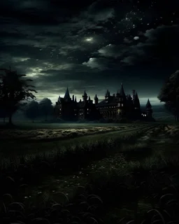 Мрачный темный мир магии, здания, темное небо, поле. темные призраки